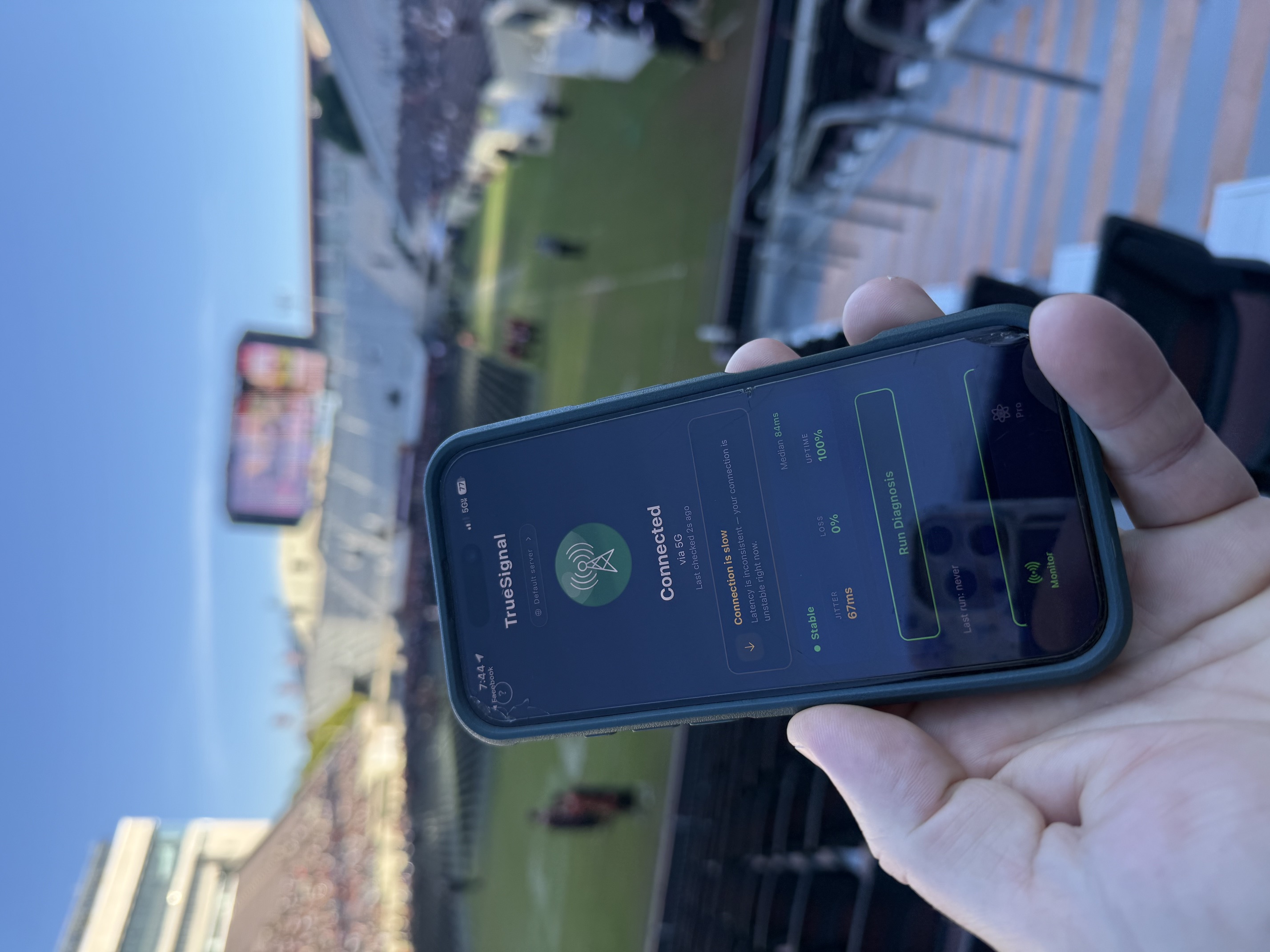 TrueSignal Monitor screen showing high jitter at Lane Stadium