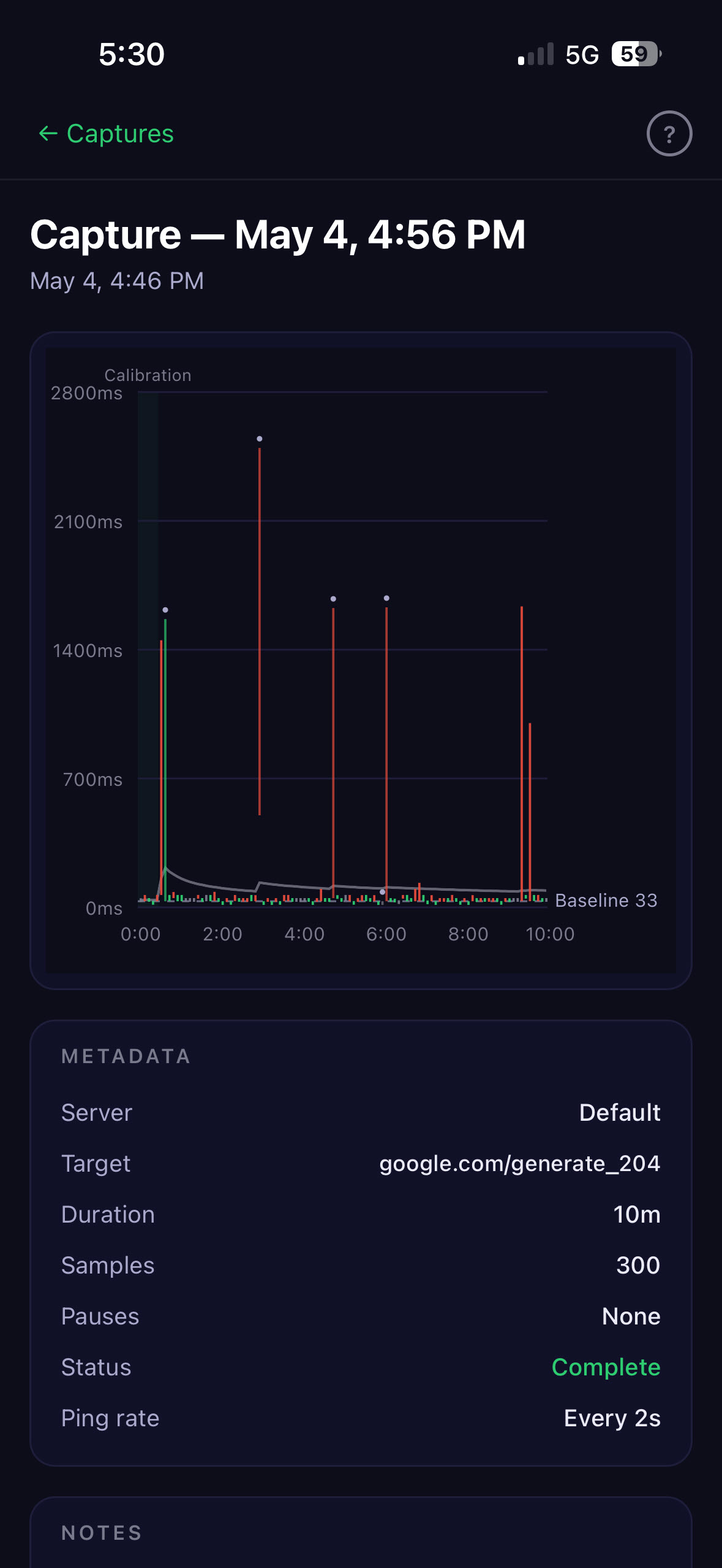 Capture on 5G with near-full bars showing a latency spike near 2500ms against a 33ms baseline