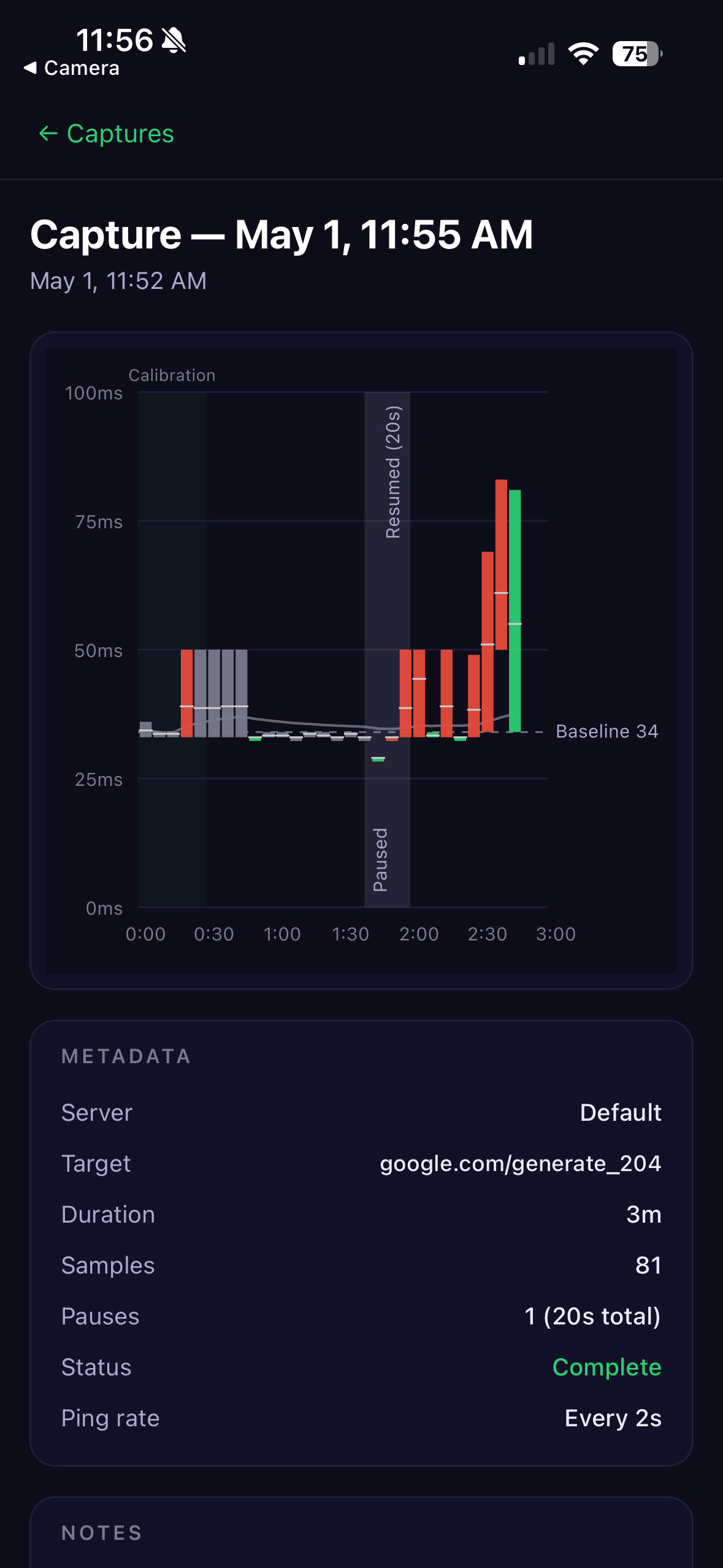 Capture with a shaded Paused / Resumed band and metadata reading Pauses: 1, 20s total