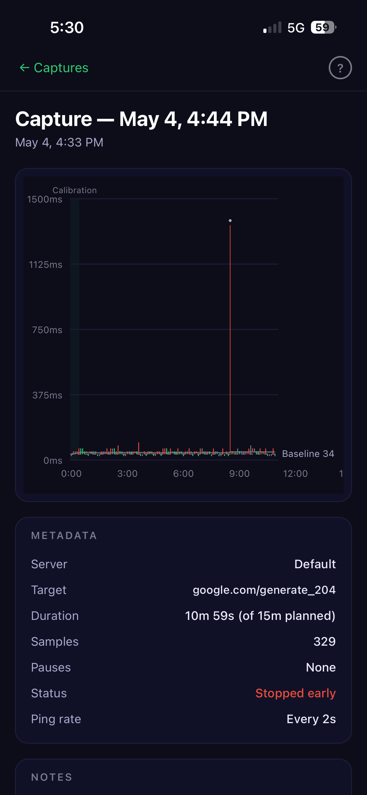 A quiet capture with one sharp 1400ms latency spike, status Stopped early