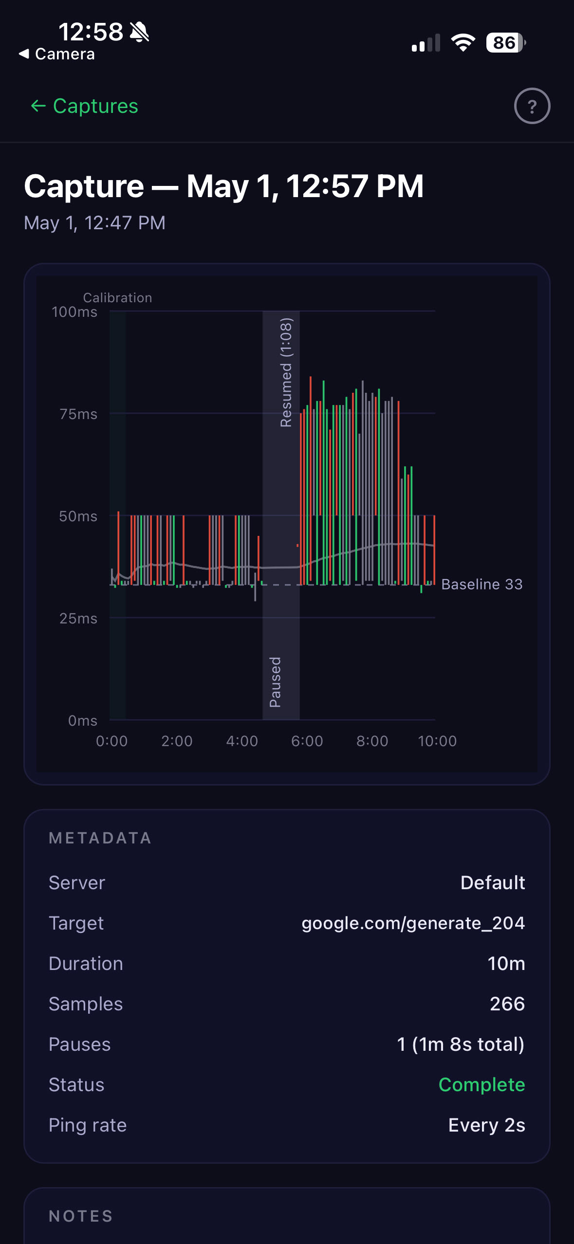 Capture showing latency climbing and staying elevated for several minutes after a resume