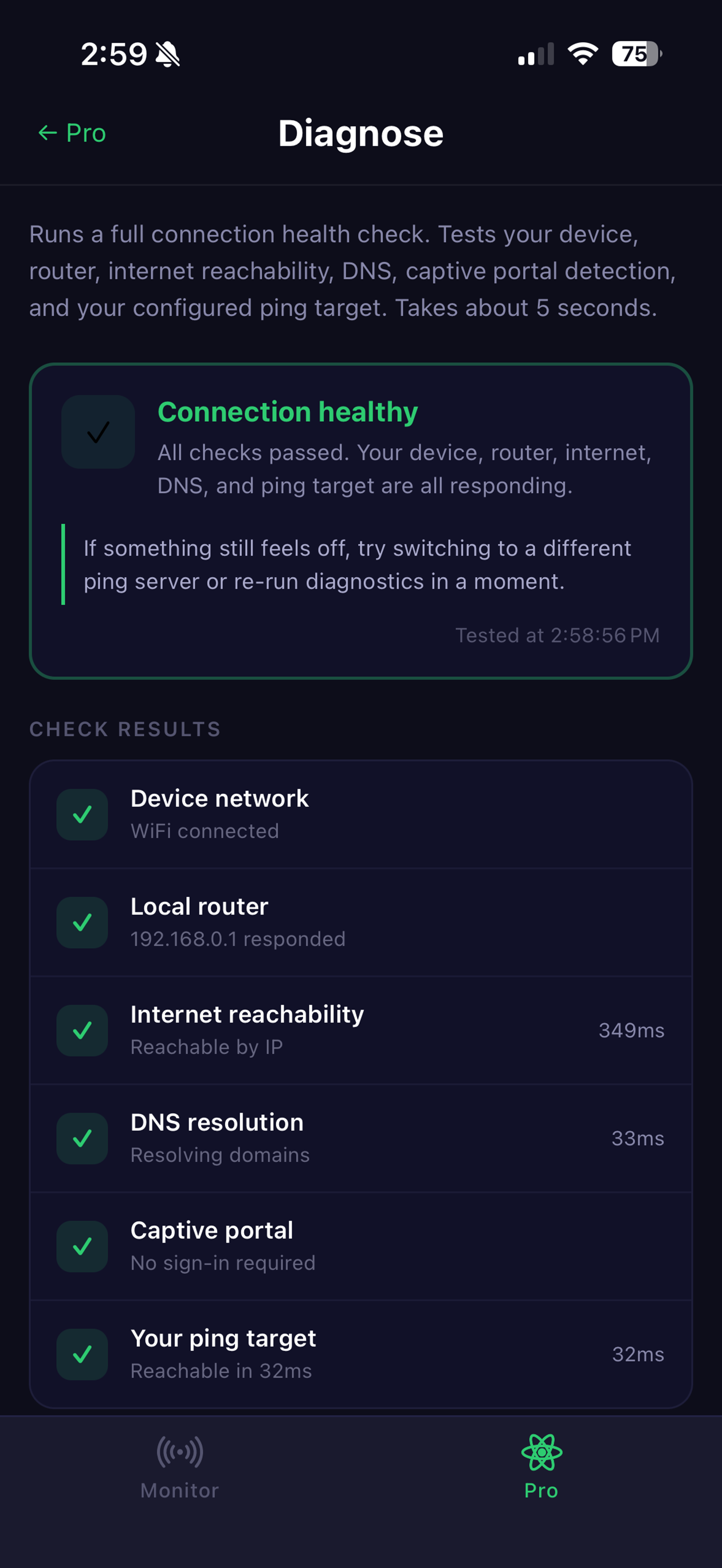 TrueSignal Diagnose screen showing six connection checks all passing