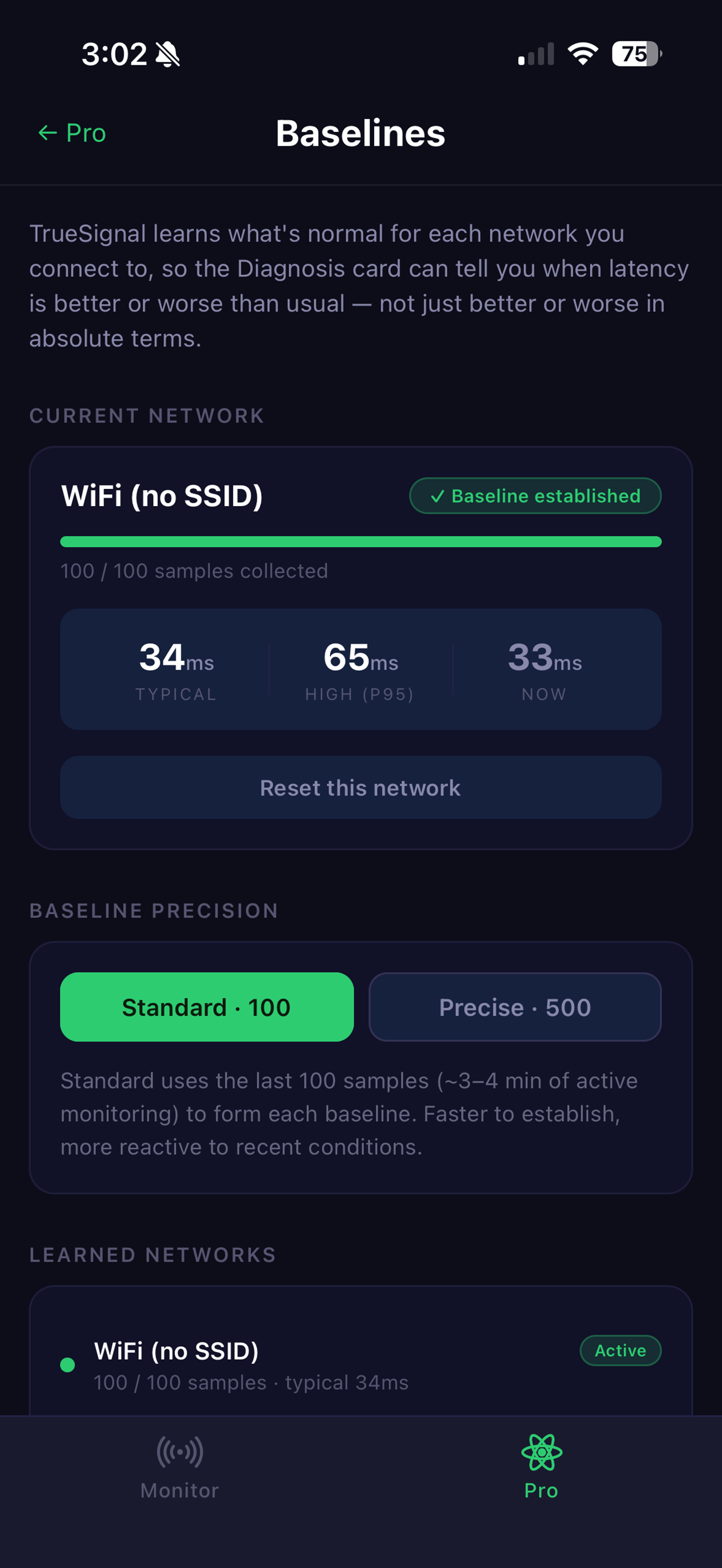 TrueSignal Baselines showing established WiFi baseline with typical and P95 latency