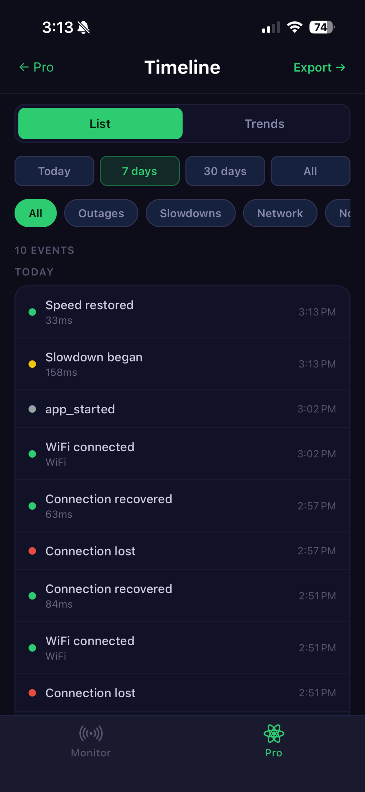 TrueSignal Timeline showing day-grouped events including outages and recoveries